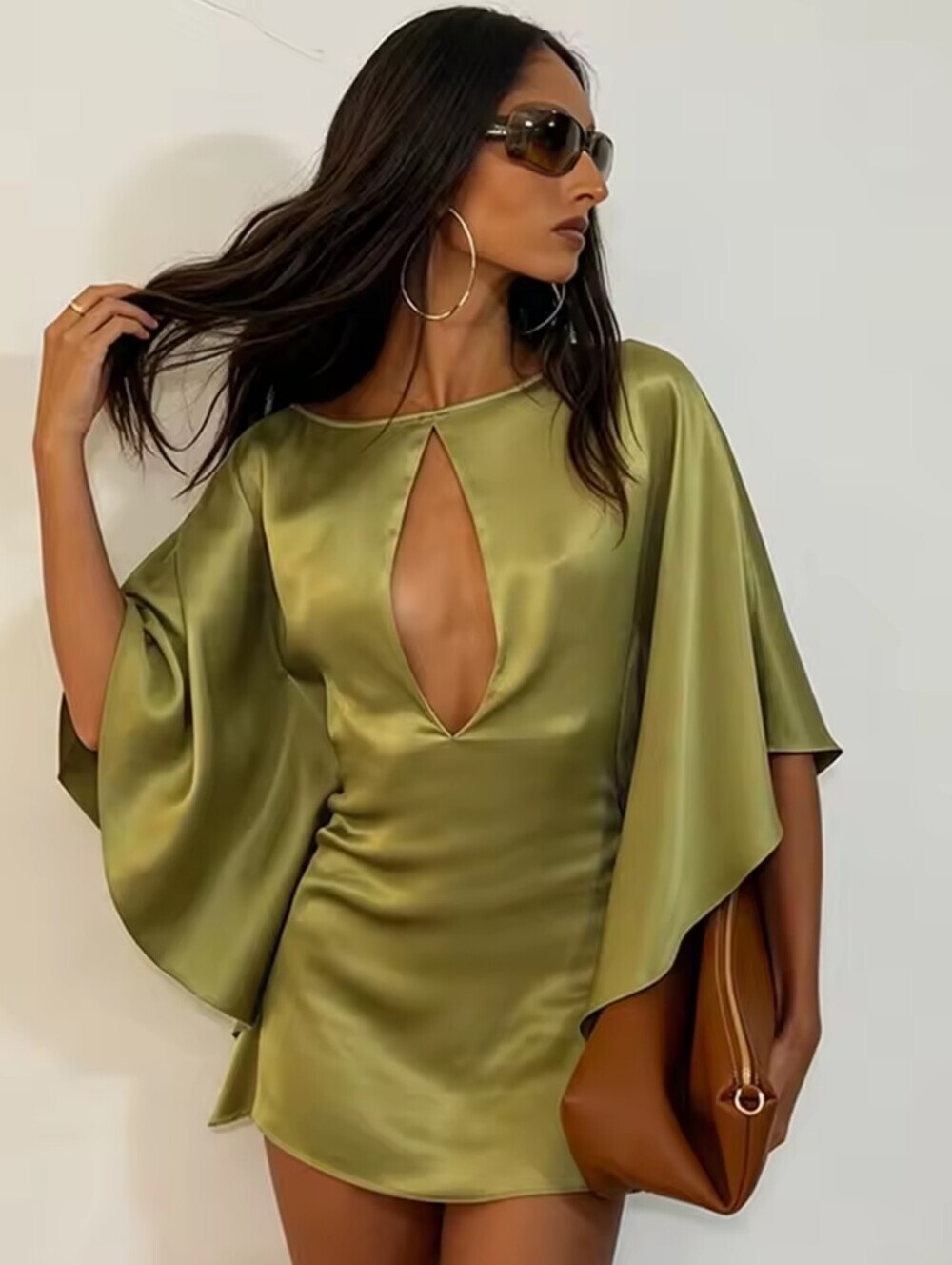 2026 Summer Sexy Satin Mini Dress Women Batwing Flare